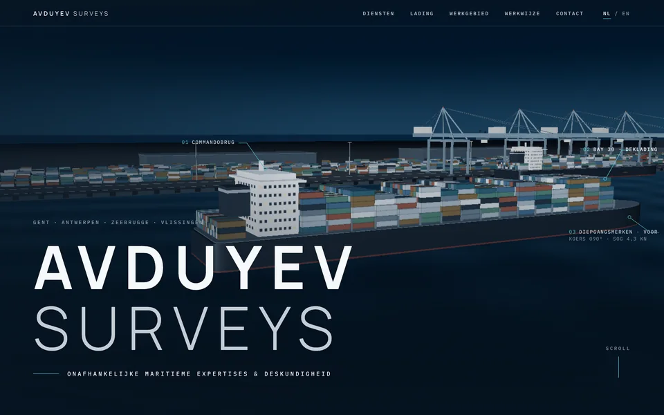 Hero van de website van Avduyev Surveys: een 3D-scène van een containerschip in de haven met geannoteerde onderdelen en de titel Avduyev Surveys.