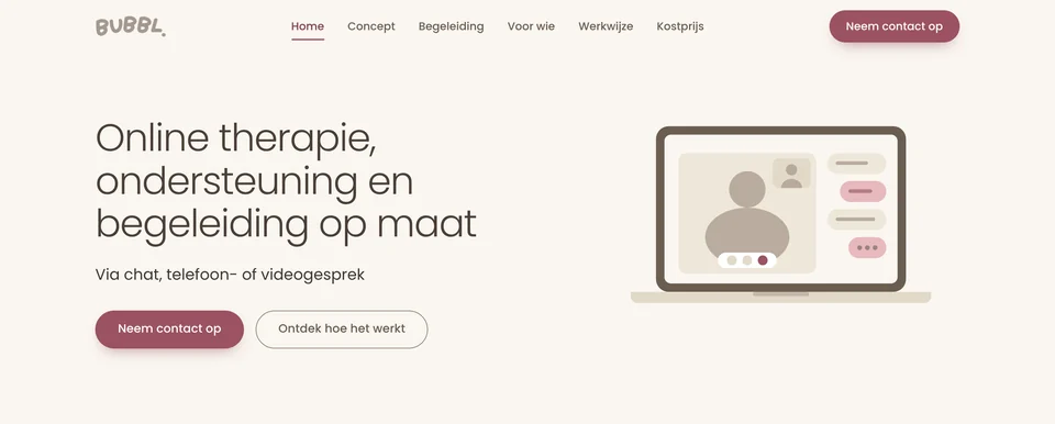 Hero van de website van Bubbl.: de kop Online therapie, ondersteuning en begeleiding op maat naast een illustratie van een videogesprek op een laptop.