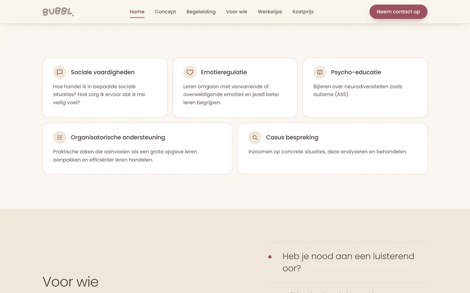 Sectie Begeleiding: vijf kaarten met een icoon, van sociale vaardigheden tot casusbespreking.